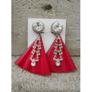 Boucles d'oreilles strass et éventail framboise